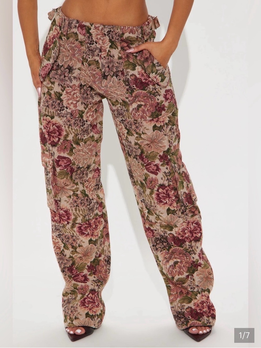 Fashion Nova Tapestry Floral Wide Leg Pants in Mauve, Olive & Beige
